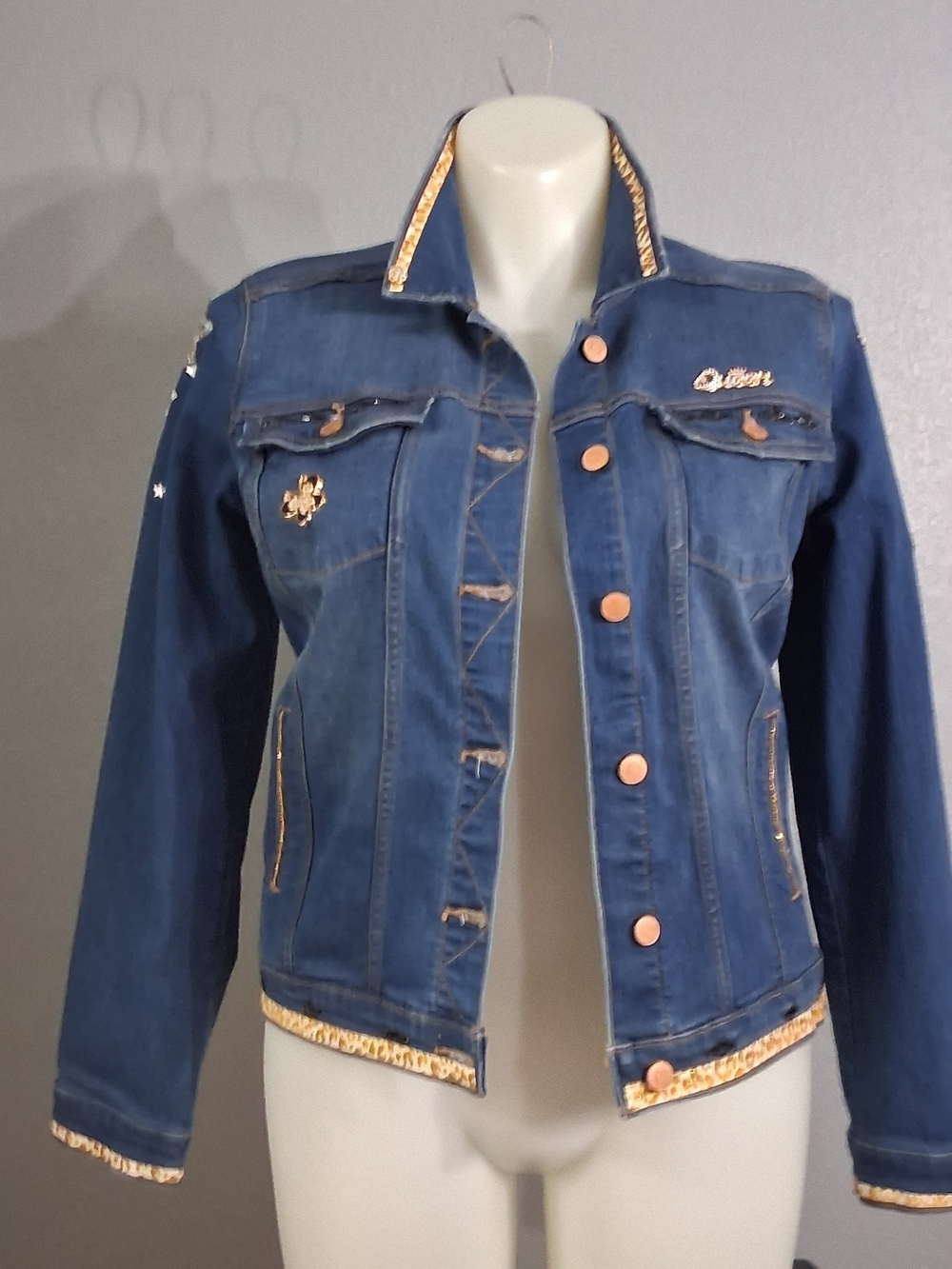 Hand Crafted Blue Denim Jacket with Leopard Trim